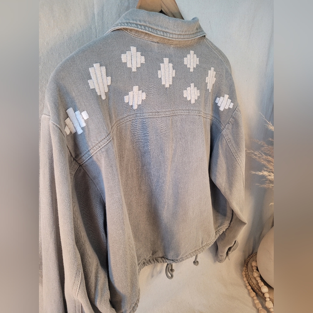 Hand Embroidered Utility Jacket in Green with Aztec Design